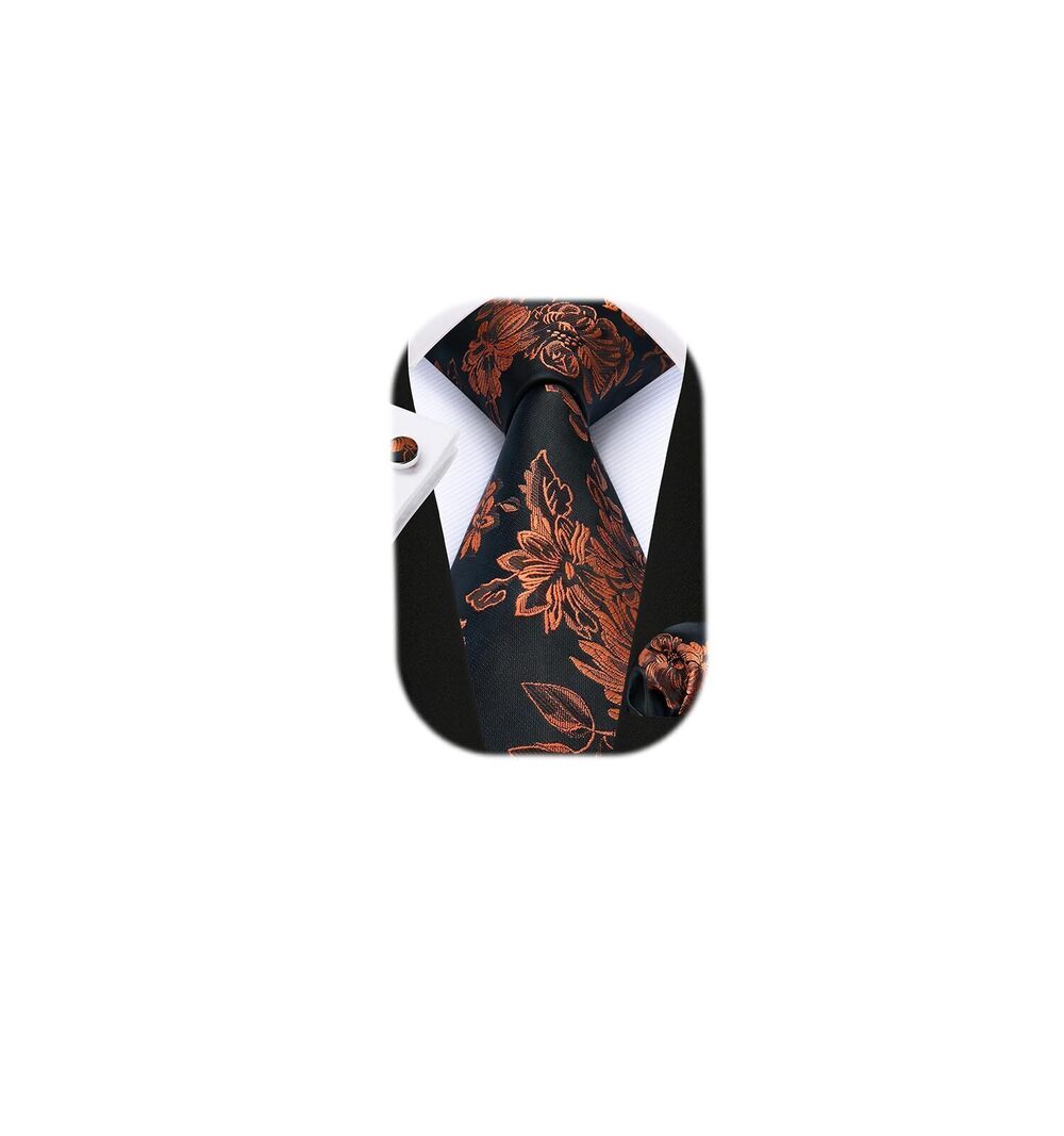 4006 Ties Orange Tie Orange & Black Floral Tie Pocket Square Cufflinks Set